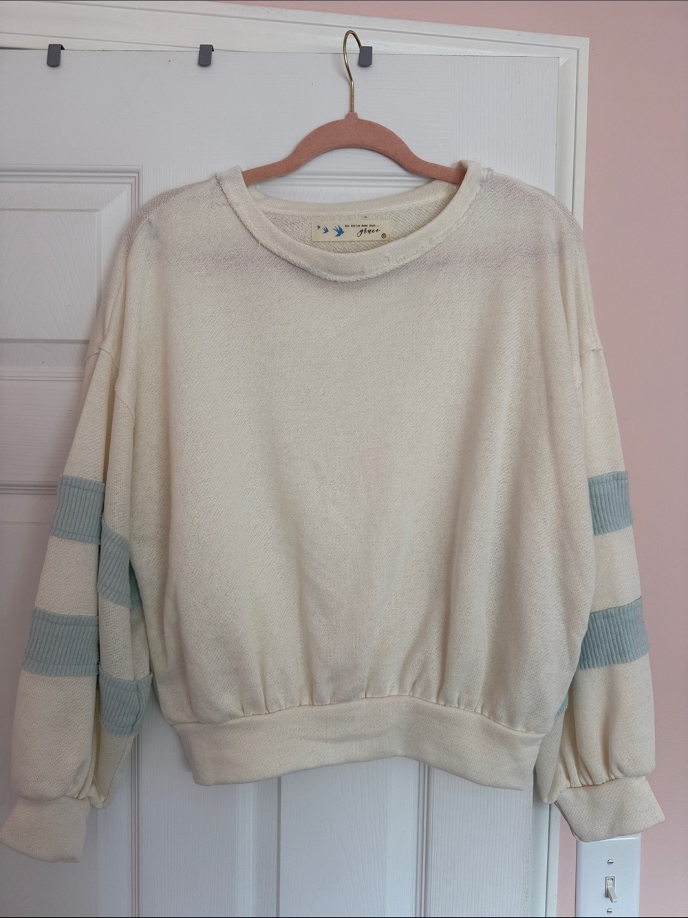 Lizard Thicket Cream Pullover with Dusty Blue Sleeve Stripes